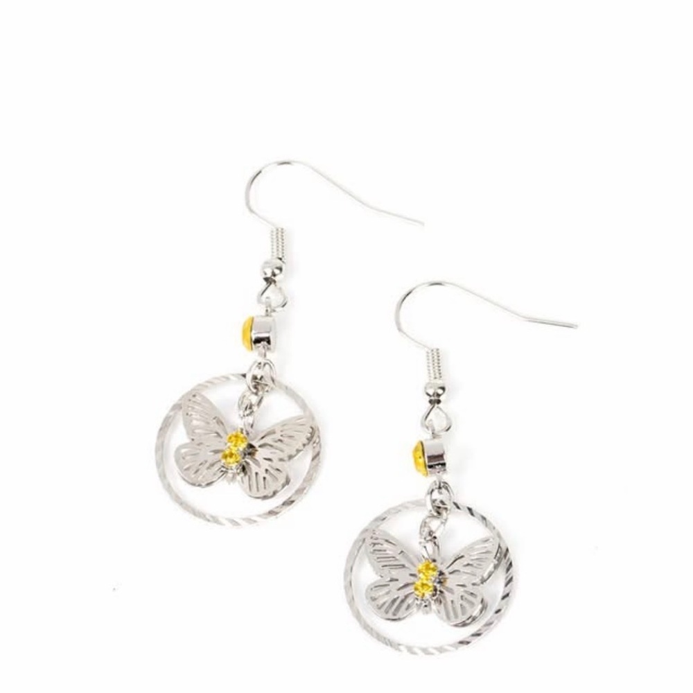 paparazzi Silver Butterfly Drop Earrings with Yellow Accent
